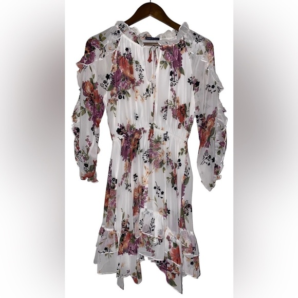 Basil & Lola Chiffon‎ Coquette Milkmaid Sheer Floral Mini Dress Fairycore Size M - Picture 1 of 7